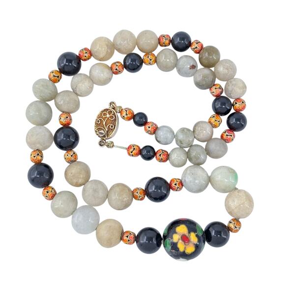 Estate Sterling Silver Jadeite & Onyx Necklace With Cloisonné Accent Beads 21" - Picture 4 of 7